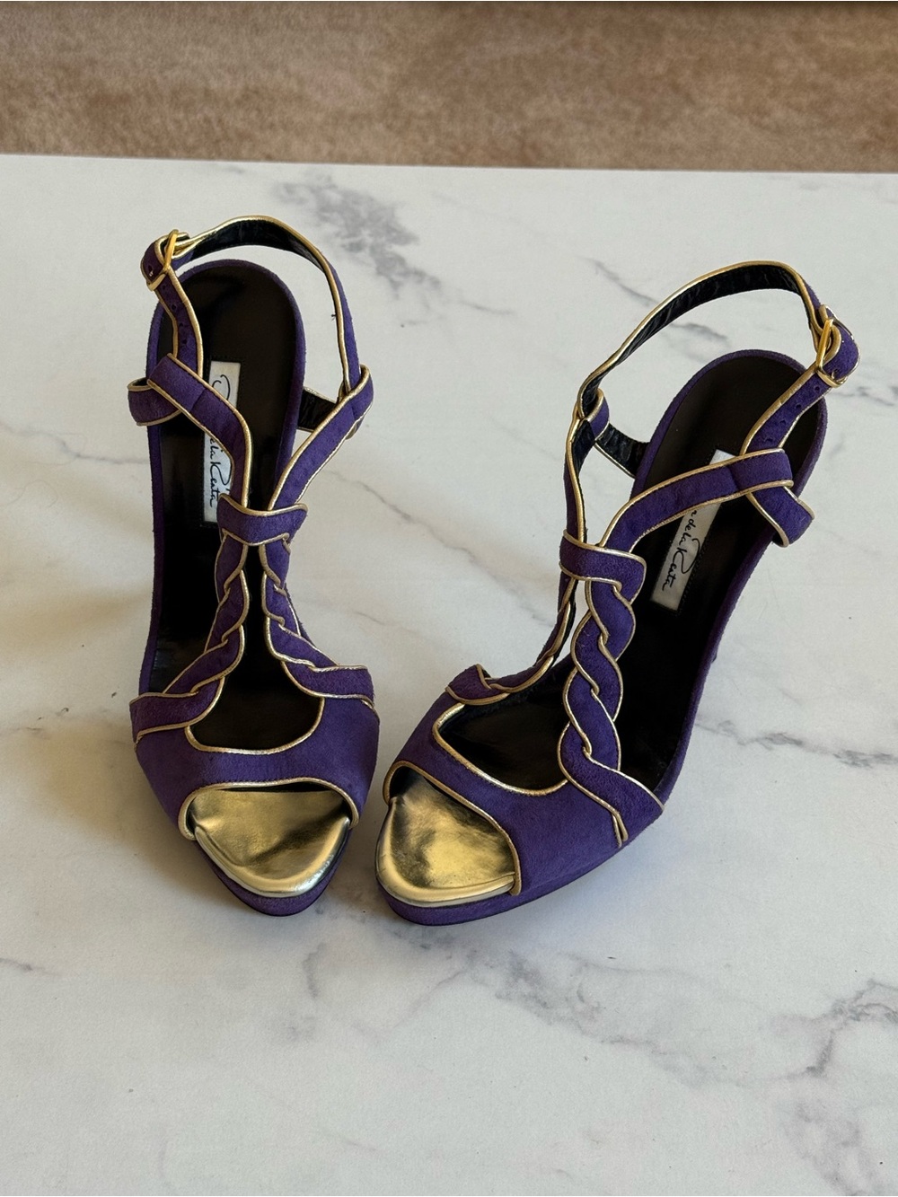Oscar de la Renta Purple and Gold Braided T-Strap Platform Heels